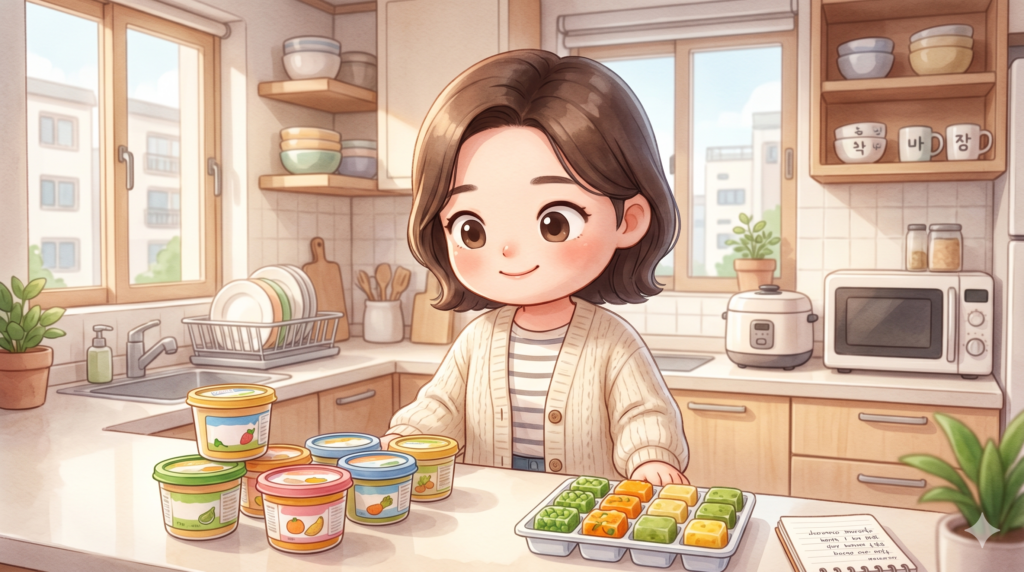 식탁 위에 놓인 시판 배달 이유식 용기와 직접 다진 소고기 채소 재료를 두고 고민하는 부모의 시선