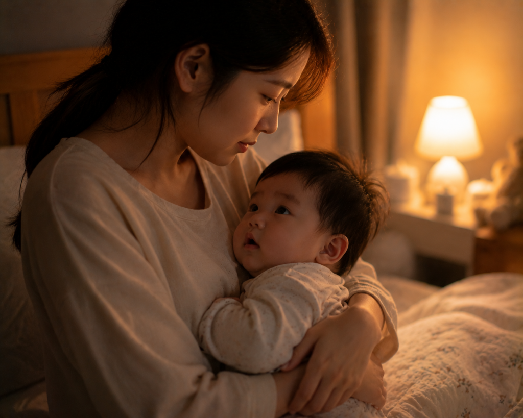 밤에 잠에서 깬 7개월 아기를 돌보는 엄마 모습