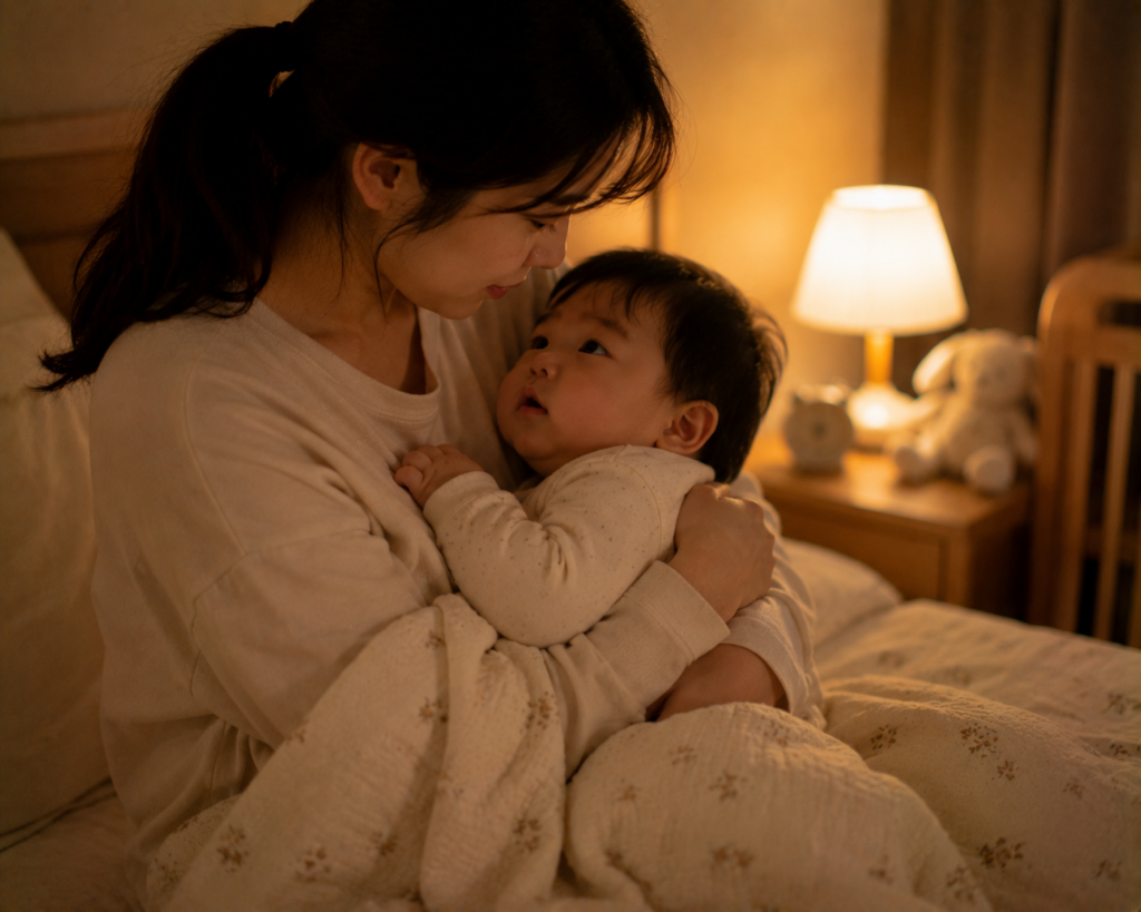 밤에 잠에서 자주 깨는 8개월 아기를 돌보는 엄마 모습