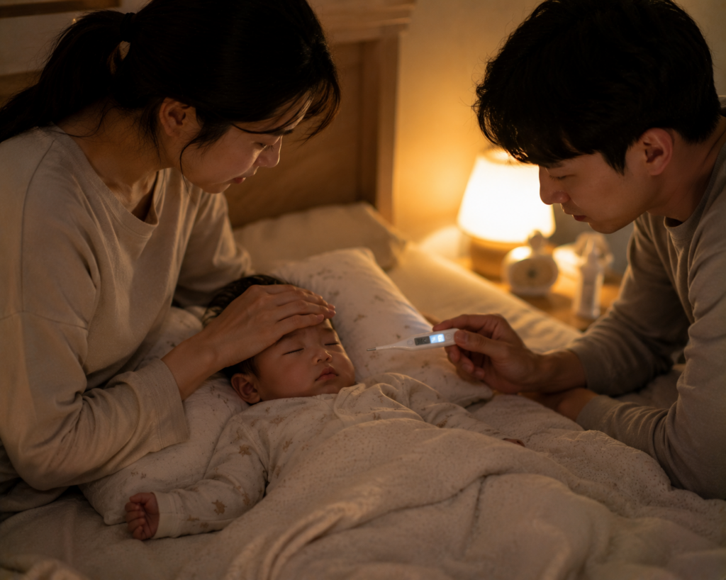 밤에 아이 고열 상태를 걱정하며 확인하는 부모 모습