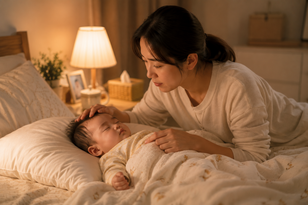 고열로 힘들어하는 아기를 침대에서 돌보는 엄마 모습