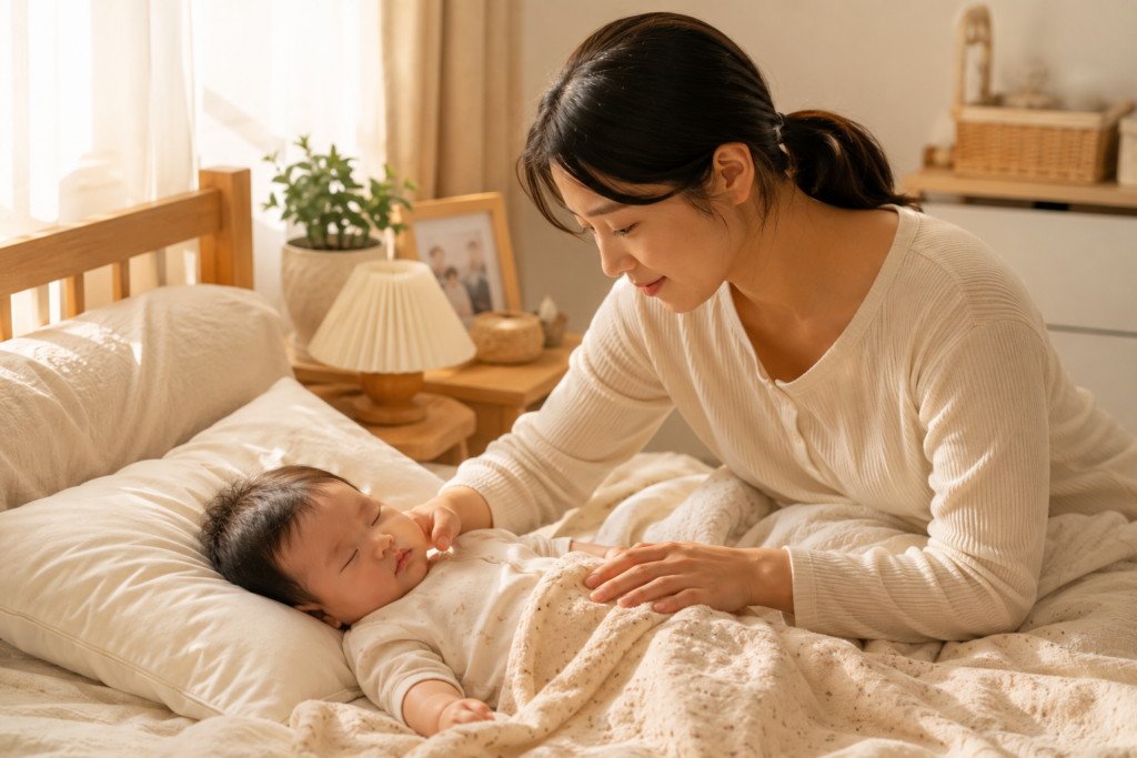 아기 고열 관리 위해 미지근한 물수건으로 몸을 닦아주는 엄마