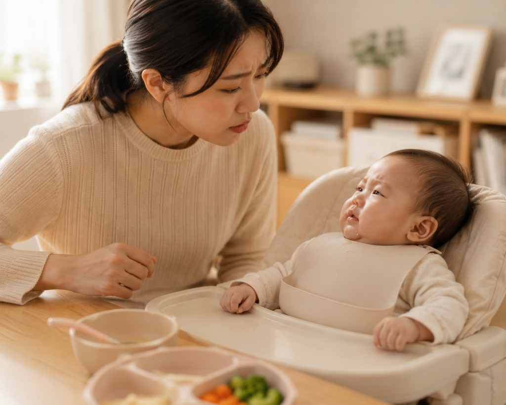 이유식 알레르기 반응을 걱정하며 아기를 돌보는 엄마 모습