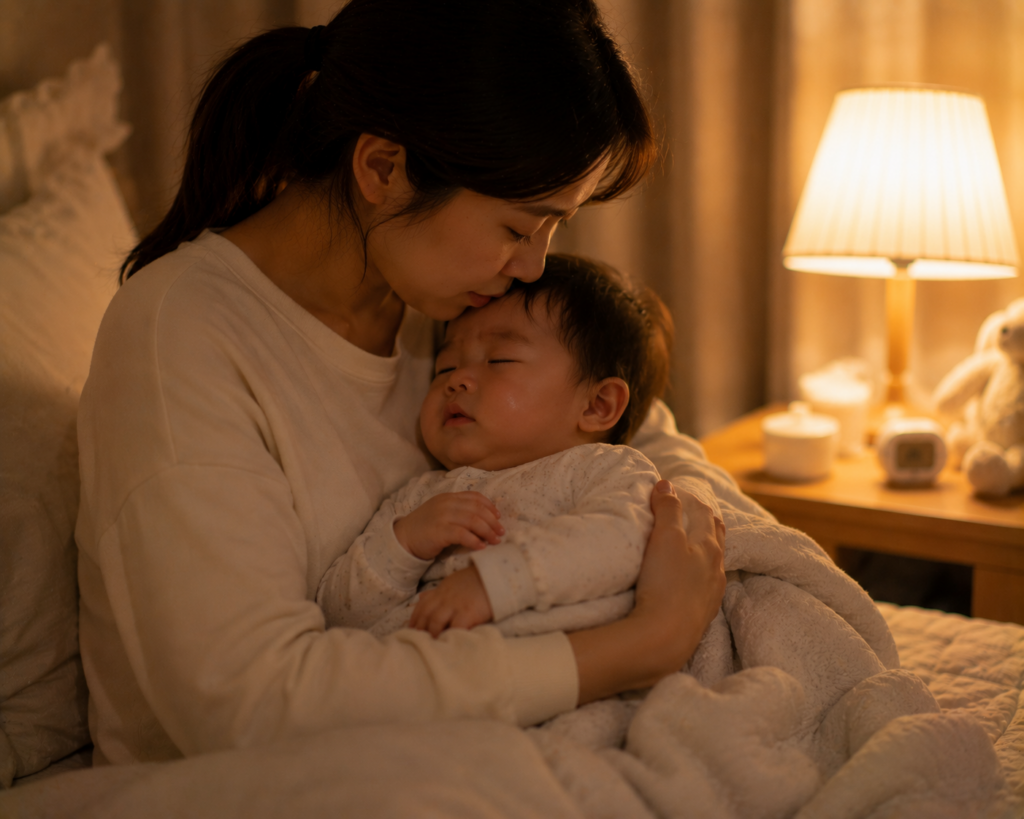 밤에 고열 있는 아이를 안아주며 돌보는 엄마 모습