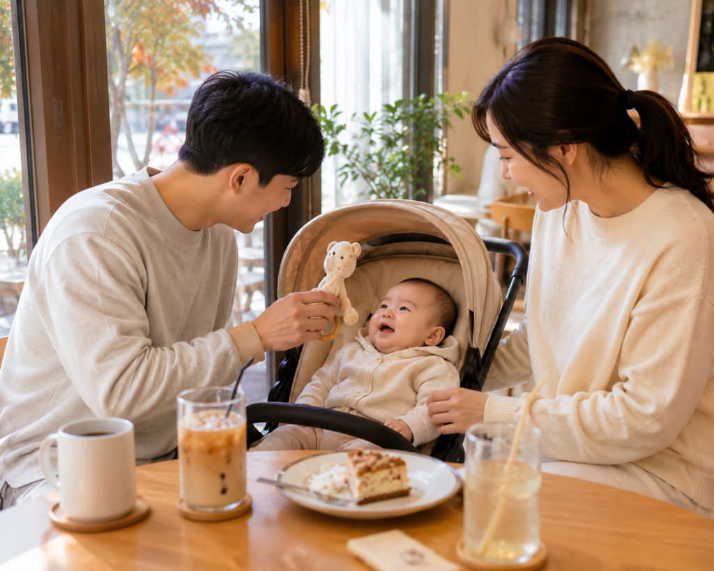 외출 중 6개월 아기를 돌보는 부모 모습