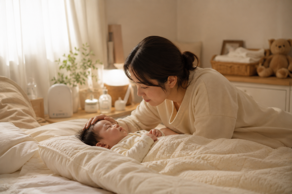 신생아 코막힘 완화를 위해 생리식염수를 사용하는 모습